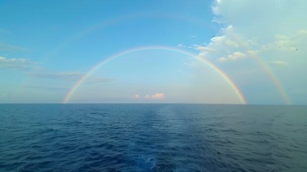 A rainbow over a calm ocean, with gentle waves and a distant horizon, 4K Wallpaper.