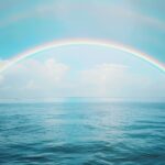 A rainbow over a calm ocean, with gentle waves and a distant horizon, HD background.