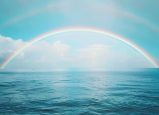 A rainbow over a calm ocean, with gentle waves and a distant horizon, HD background.