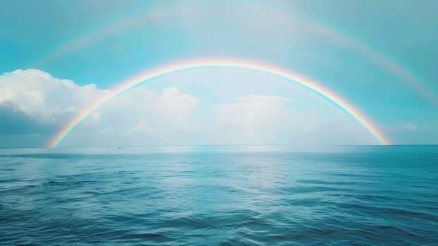 A rainbow over a calm ocean, with gentle waves and a distant horizon, HD background.