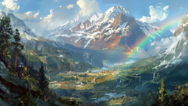 A rainbow over a mountain range, with snow capped peaks and a valley below.