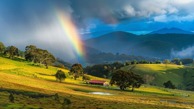 A rainbow over a rustic countryside scene, with rolling hills and a small farmhouse, 4K wallpaper for desktop.