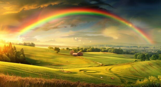 A rainbow over a rustic countryside scene, with rolling hills and a small farmhouse, HD desktop Wallpaper.