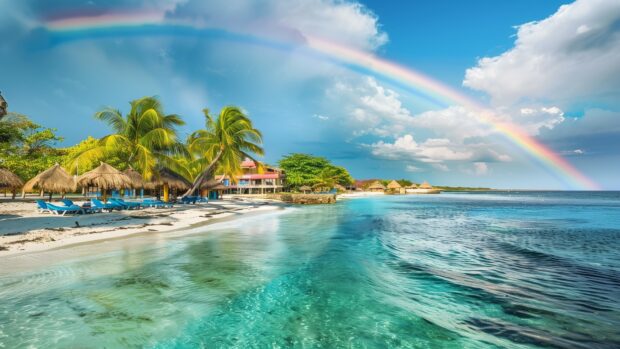 A rainbow over a tropical beach, with palm trees and turquoise waters .