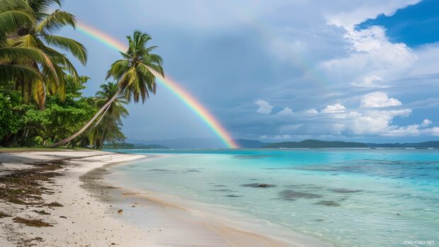 A rainbow over a tropical beach, with palm trees and turquoise waters.