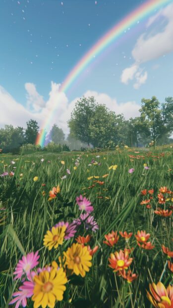 A rainbow spanning across a lush green meadow, wallpaper for iPhone.