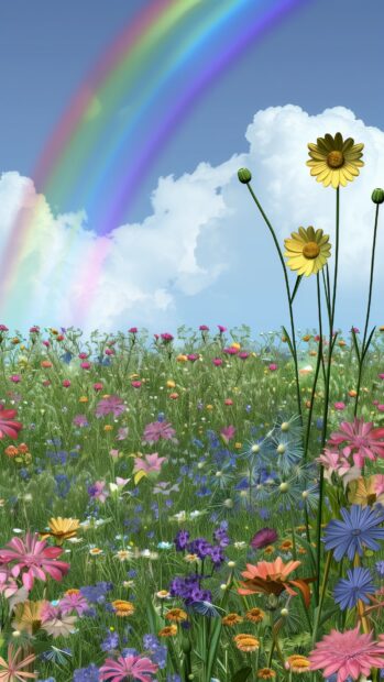 A rainbow spanning across a lush green meadow, with wildflowers blooming in vibrant colors.