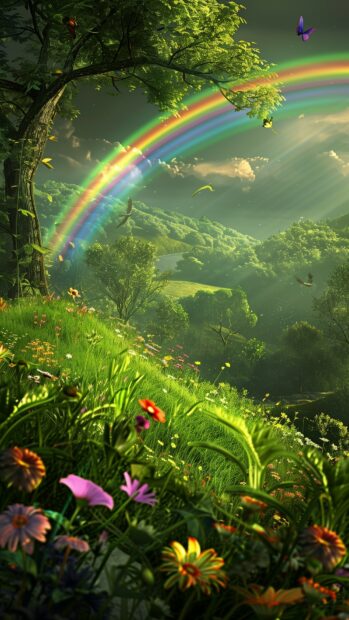 A rainbow spanning across a lush green meadow, with wildflowers blooming in vibrant colors.