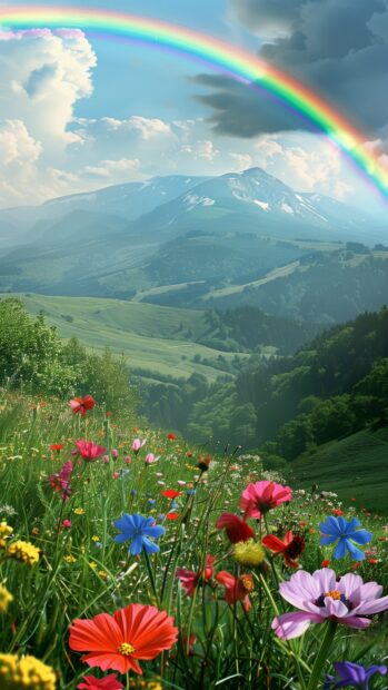 A rainbow spanning across a lush green meadow, with wildflowers blooming in vibrant colors, iPhone wallpaper.