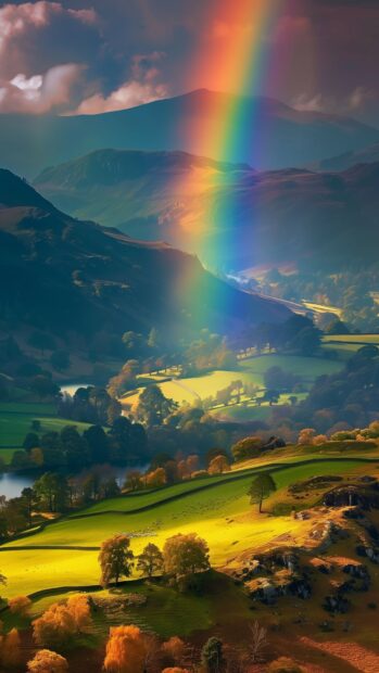 A rainbow stretching across a picturesque countryside scene, with rolling hills and a clear blue sky, HD wallpaper.