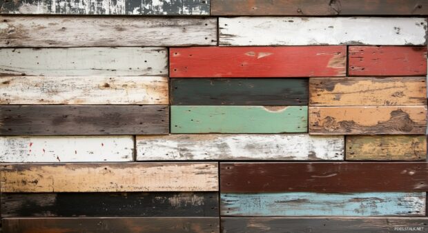 A reclaimed wood wall with mixed colors and weathered look.