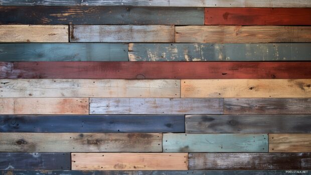 A reclaimed wood wall with mixed colors and weathered look.