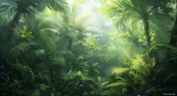 A refreshing cool rainforest canopy with sunlight filtering through lush foliage.