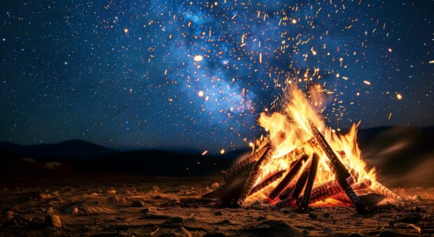 A roaring bonfire under a starry night sky, with sparks flying into the air.