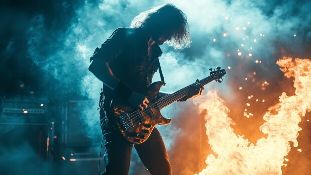 A rock Guitarist playing a flaming Guitar on stage, HD Wallpaper.