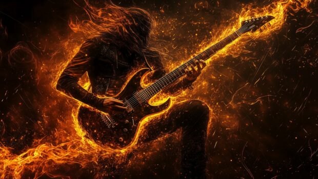 A rock Guitarist playing a flaming Guitar on stage, Hot background.