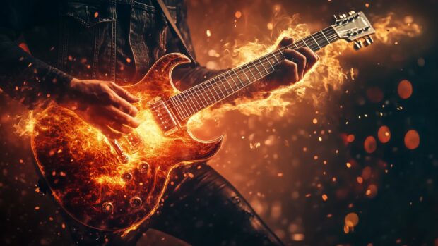 A rock Guitarist playing a flaming Guitar on stage, with flames trailing from the instrument.