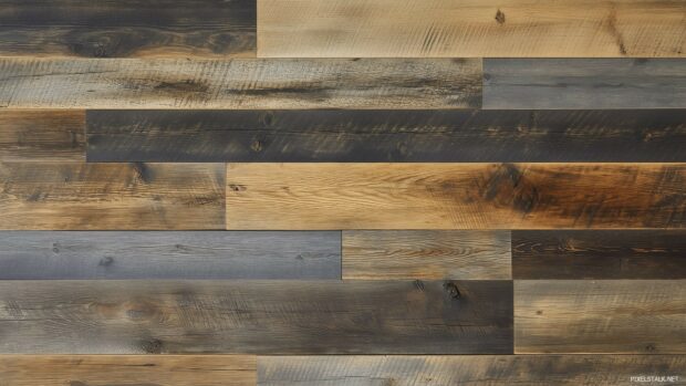 A rustic barn wood wallpaper with a mix of dark and light wood panels.