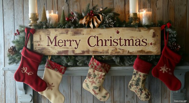 A rustic holiday mantel with stockings, garlands, candles, and a wreath, ribbons, Merry Christmas.