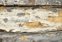 A rustic wood background with peeling paint and rough texture.