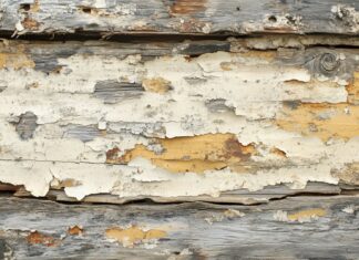 A rustic wood background with peeling paint and rough texture.