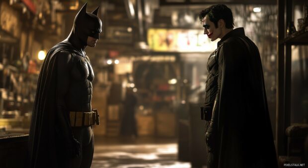 A scene of Batman facing off against the Joker in a dimly lit warehouse.