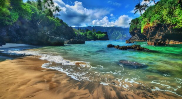 A secluded Hawaii beach HD Wallpaper cove with clear blue waters and a backdrop of lush, green mountains.