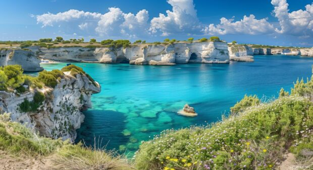 A secluded cove with turquoise waters and rugged cliffs.