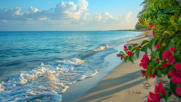 A serene Bahamas Beach Desktop 4K Wallpaper with gentle waves and golden sand, framed by lush greenery and vibrant flowers.