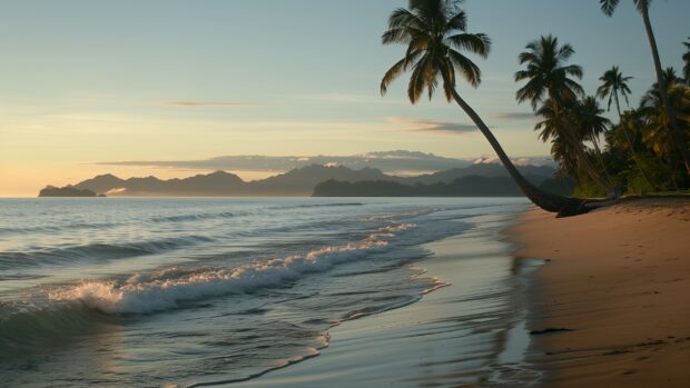 A serene Fiji beach HD Desktop Wallpaper with gentle waves and golden sand, the sun setting behind distant islands.