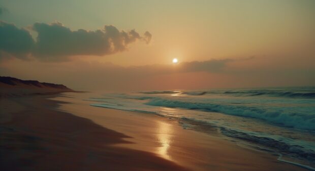 A serene beach and sea at dawn, the soft glow of the rising sun painting the sea and sky in warm hues.