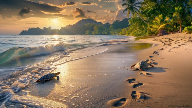 A serene beach scene with a sea turtle crawling back to the sea after laying eggs, footprints in the sand leading to the water (2).