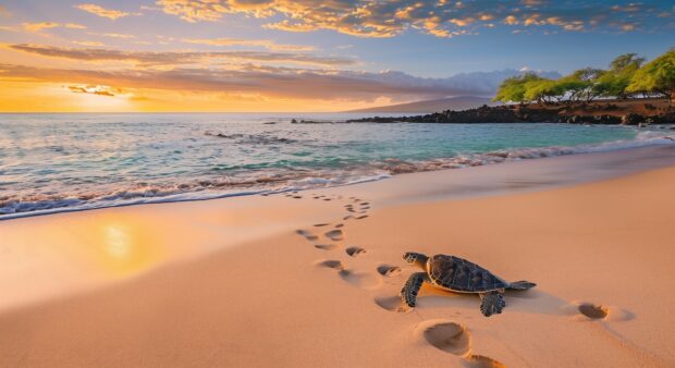 A serene beach scene with a turtle crawling back to the sea after laying eggs, footprints in the sand leading to the water.