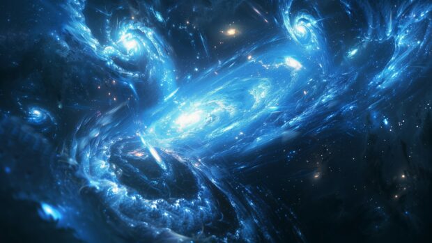 A serene blue galaxy wallpaper 4K with bright celestial bodies and swirling gas formations.