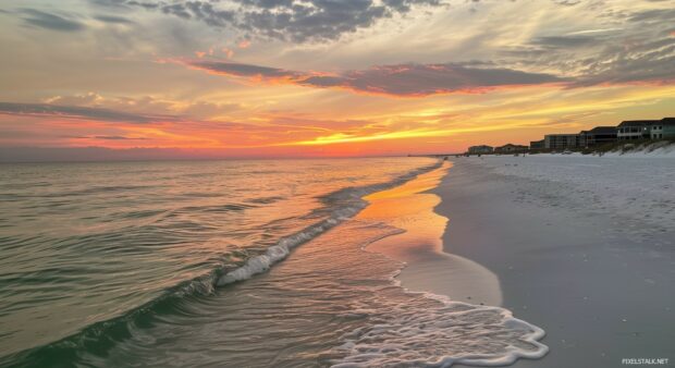 A serene cool toned beach sunset, with pastel hues reflecting on calm waters, beautiful desktop wallpaper.