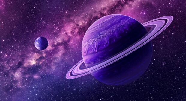 A serene image of a purple planet with rings, set against the dark backdrop of deep galaxy filled with stars.