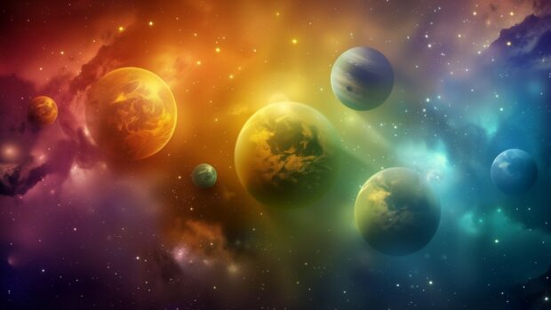 A serene image of multiple colorful planets in various hues, orbiting in harmony against a backdrop of a starry sky.