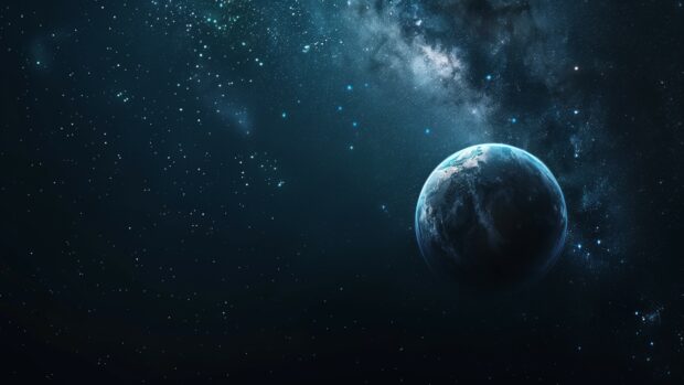 A serene scene of a dark galaxy 4K wallpaper, distant planet with a faintly glowing atmosphere, set against the starry background of deep space.