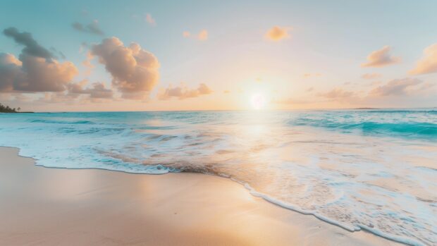 A serene sea at dawn, the soft glow of the rising sun painting the sea and sky in warm hues.