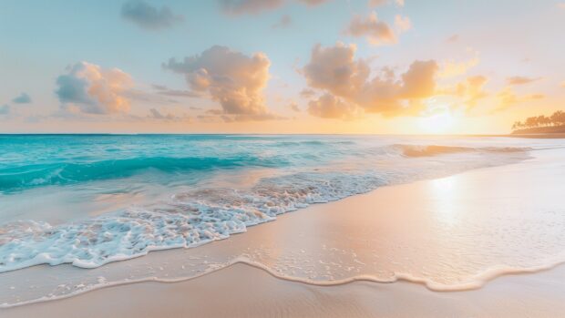 A serene sea wallpaper HD with gentle waves rolling onto a sandy beach, the horizon blending into a soft pastel sunset.