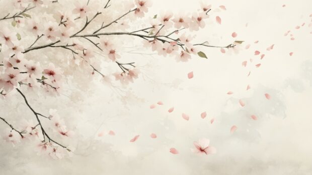 A serene watercolor desktop wallpaper of cherry blossoms gently falling.