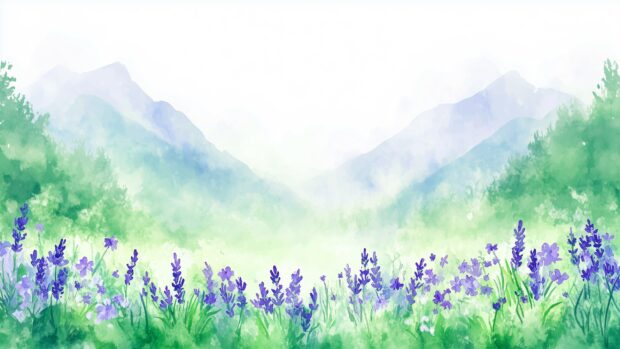 A serene watercolor painting of lavender and wildflowers, with soft purples and greens blending into a light, 2K QHD background.