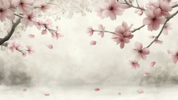 A serene watercolor scene of cherry blossoms gently falling, with soft pink petals blending into a misty, pale background.