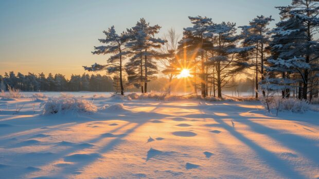 A serene winter landscape 4K with snow covered trees.