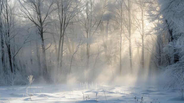 A serene winter morning with frost covered trees and soft sunlight.