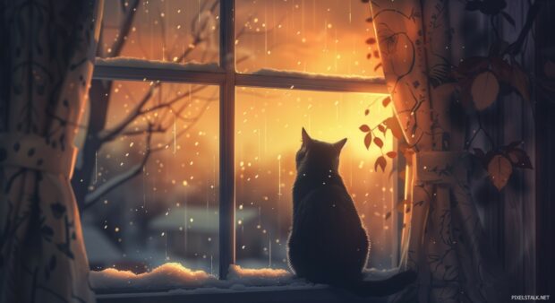 A sleek black cat perched on a windowsill, gazing out at the sunset with a regal posture.