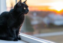 A sleek black cat perched on a windowsill, gazing out at the sunset with a regal posture.