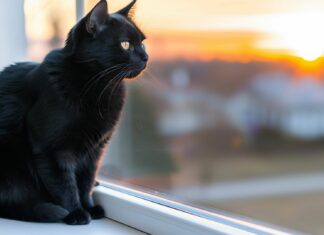 A sleek black cat perched on a windowsill, gazing out at the sunset with a regal posture.