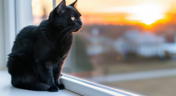 A sleek black cat perched on a windowsill, gazing out at the sunset with a regal posture.