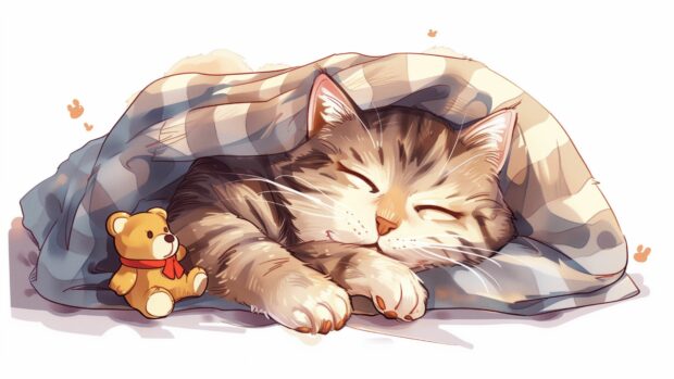 A sleepy Kawaii cat snuggled up in a soft blanket, with a tiny teddy bear by its side.